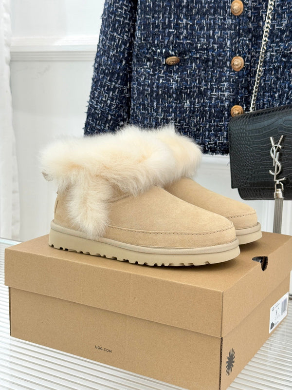 UGG Classic Ultra Mini Chalet Boots Muted Beige Suede Sheepskin Cuff 517489