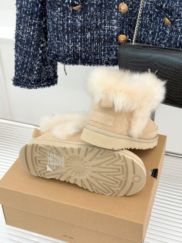 UGG Classic Ultra Mini Chalet Boots Muted Beige Suede Sheepskin Cuff 517489