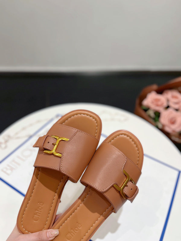 CHLOÉ HLOE MARCIE SLIDE IN BRONZE BROWN CALFSKIN WITH GOLD HARDWARE