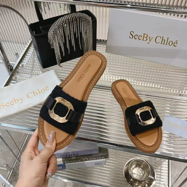 CHLOÉ WOVEN SLIDE MULE IN BLACK WOOL AND BROWN LAMBSKIN GOLD HARDWARE