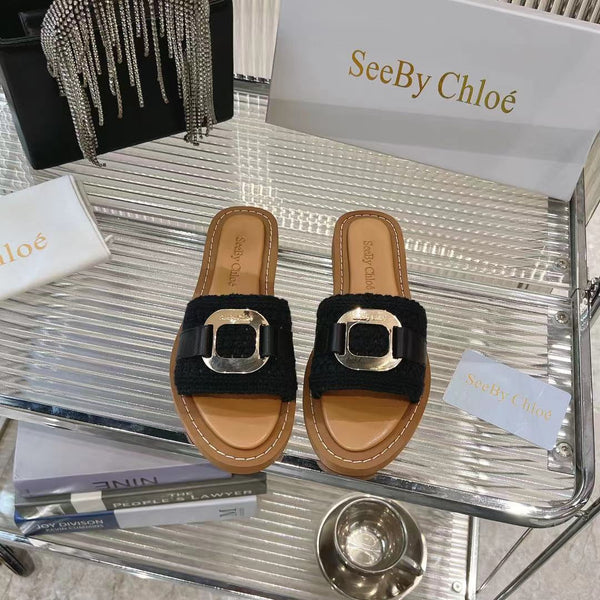 CHLOÉ WOVEN SLIDE MULE IN BLACK WOOL AND BROWN LAMBSKIN GOLD HARDWARE