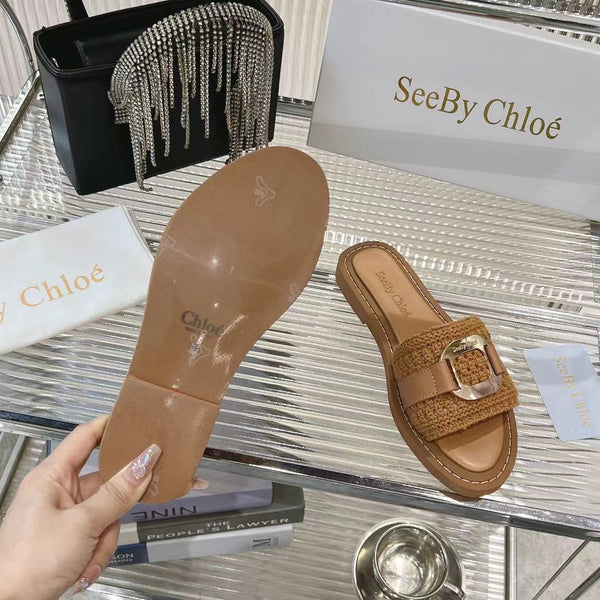 CHLOÉ WOVEN SLIDE MULE IN RUSSET BROWN WOOL AND LAMBSKIN GOLD HARDWARE