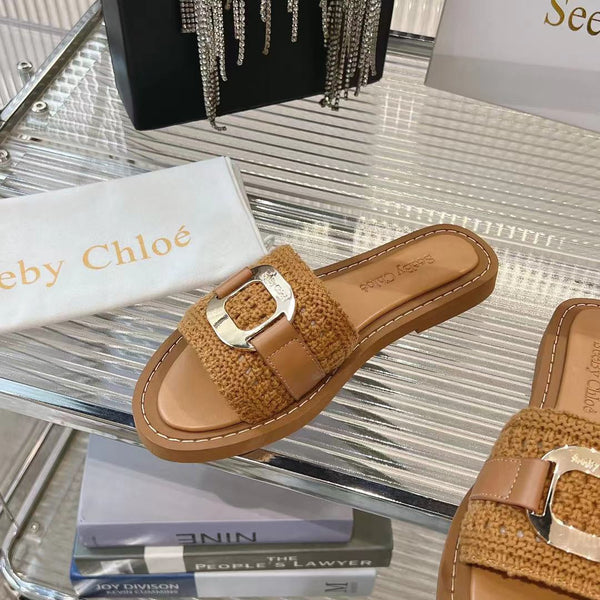 CHLOÉ WOVEN SLIDE MULE IN RUSSET BROWN WOOL AND LAMBSKIN GOLD HARDWARE