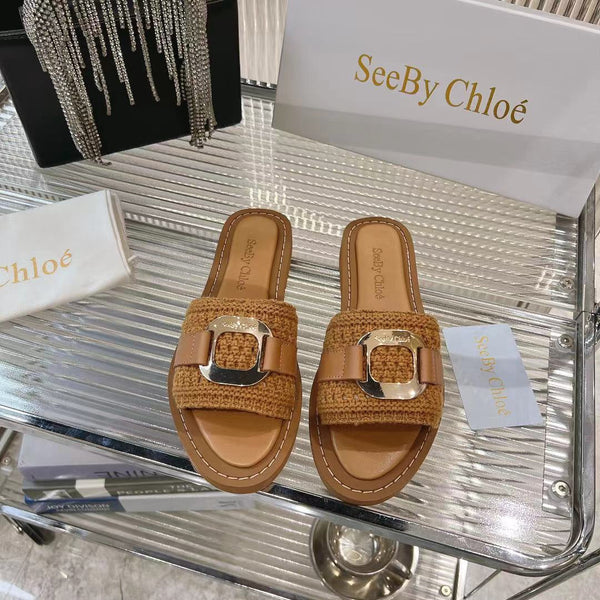 CHLOÉ WOVEN SLIDE MULE IN RUSSET BROWN WOOL AND LAMBSKIN GOLD HARDWARE