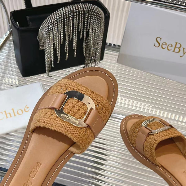 CHLOÉ WOVEN SLIDE MULE IN RUSSET BROWN WOOL AND LAMBSKIN GOLD HARDWARE