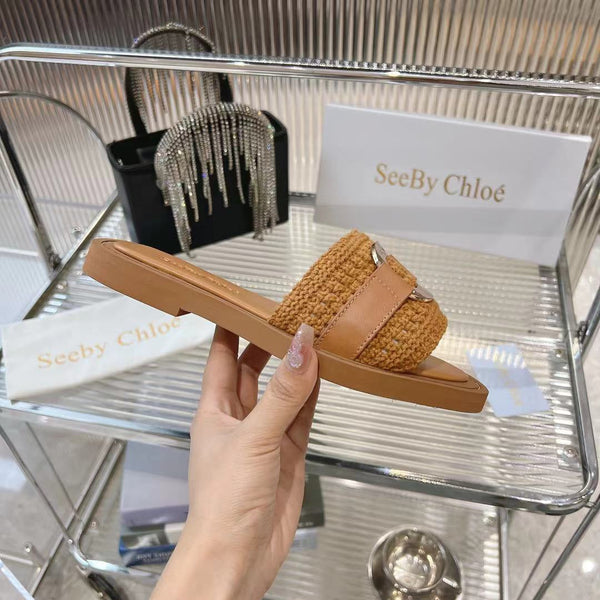 CHLOÉ WOVEN SLIDE MULE IN RUSSET BROWN WOOL AND LAMBSKIN GOLD HARDWARE