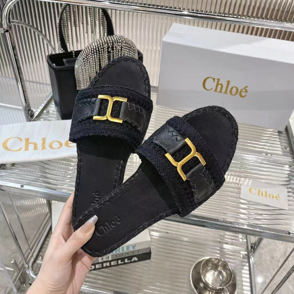 CHLOÉ WOVEN SLIPPER IN BLACK WOOL AND LAMBSKIN GOLD HARDWARE