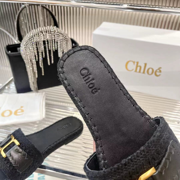 CHLOÉ WOVEN SLIPPER IN BLACK WOOL AND LAMBSKIN GOLD HARDWARE
