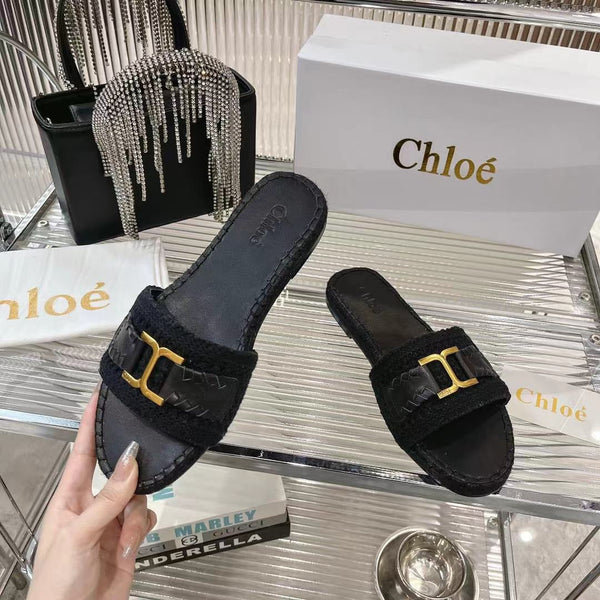 CHLOÉ WOVEN SLIPPER IN BLACK WOOL AND LAMBSKIN GOLD HARDWARE