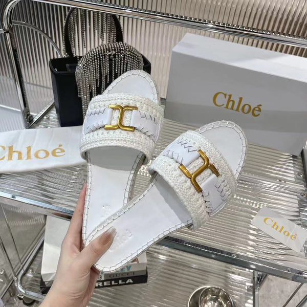 CHLOÉ WOVEN SLIPPER IN WHITE WOOL AND LAMBSKIN GOLD HARDWARE
