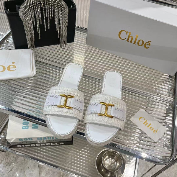 CHLOÉ WOVEN SLIPPER IN WHITE WOOL AND LAMBSKIN GOLD HARDWARE