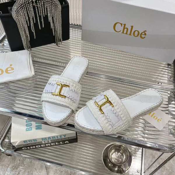 CHLOÉ WOVEN SLIPPER IN WHITE WOOL AND LAMBSKIN GOLD HARDWARE