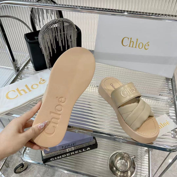 CHLOÉ MILA FLAT SLIDES 5 CM IN BEIGE EICRU CALFSKIN AND RE-NYLON