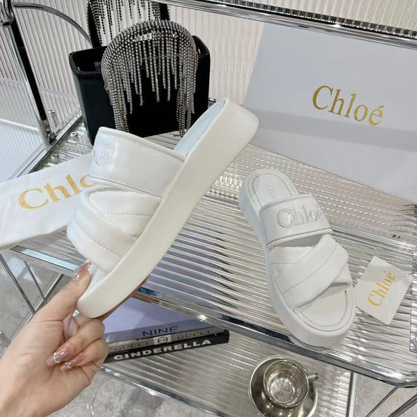 CHLOÉ MILA FLAT SLIDES 5 CM IN WHITE CALFSKIN AND RE-NYLON