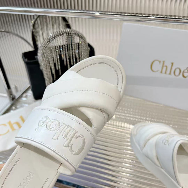 CHLOÉ MILA FLAT SLIDES 5 CM IN WHITE CALFSKIN AND RE-NYLON