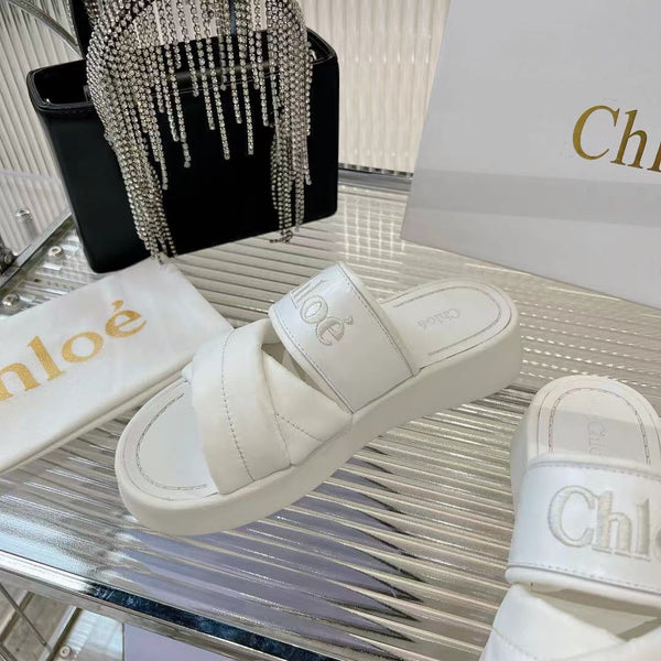 CHLOÉ MILA FLAT SLIDES 5 CM IN WHITE CALFSKIN AND RE-NYLON