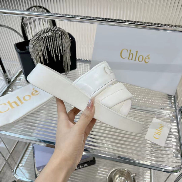 CHLOÉ MILA FLAT SLIDES 5 CM IN WHITE CALFSKIN AND RE-NYLON