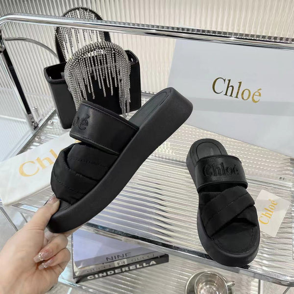 CHLOÉ MILA FLAT SLIDES 5 CM IN BLACK CALFSKIN AND RE-NYLON