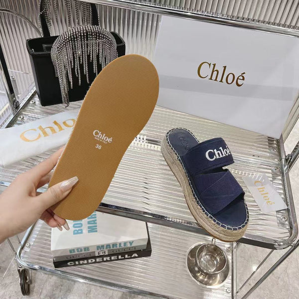CHLOÉ MILA PLATFORM 5 CM IN NAVY BLUE FABRIC AND BEIGE RAFFIA