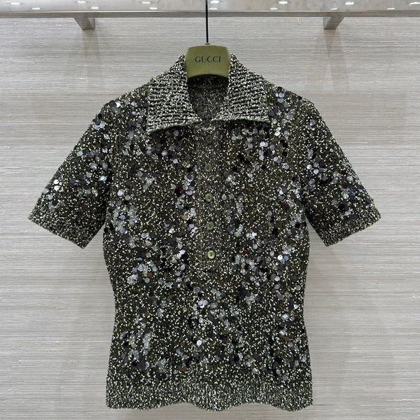 Gucci Knitted Polo Short-sleeved Top Green Wool