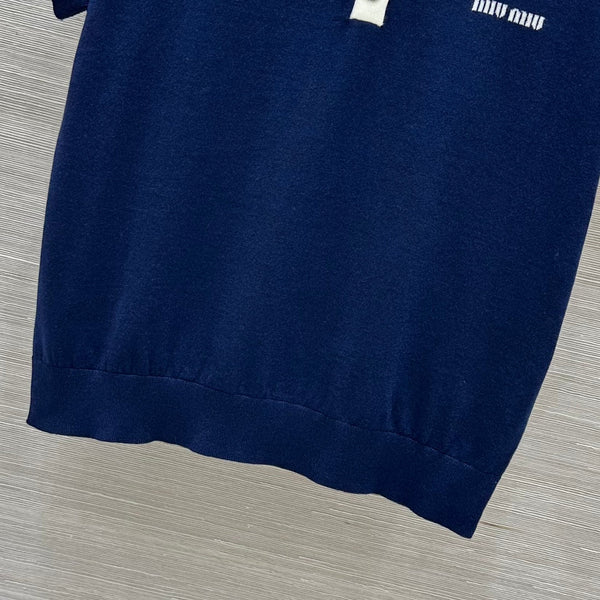 Miu Miu 25 Polo Collar Short-sleeve Knitted Top Blue Wool
