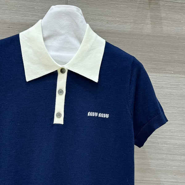Miu Miu 25 Polo Collar Short-sleeve Knitted Top Blue Wool