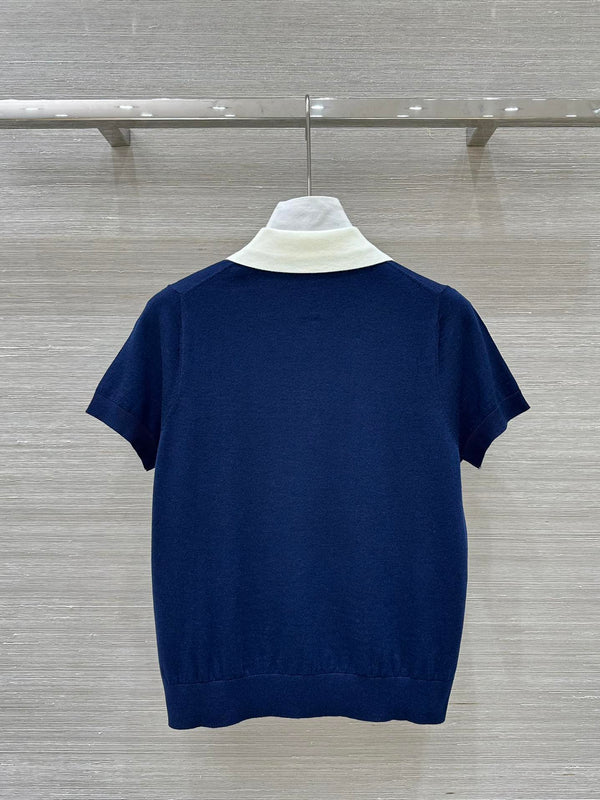 Miu Miu 25 Polo Collar Short-sleeve Knitted Top Blue Wool
