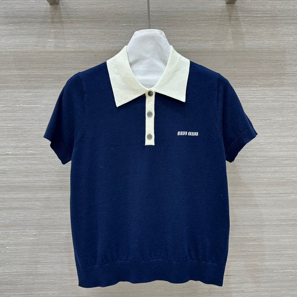 Miu Miu 25 Polo Collar Short-sleeve Knitted Top Blue Wool