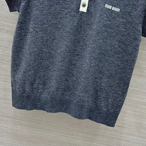 Miu Miu 25 Polo Collar Short-sleeve Knitted Top Gray Wool