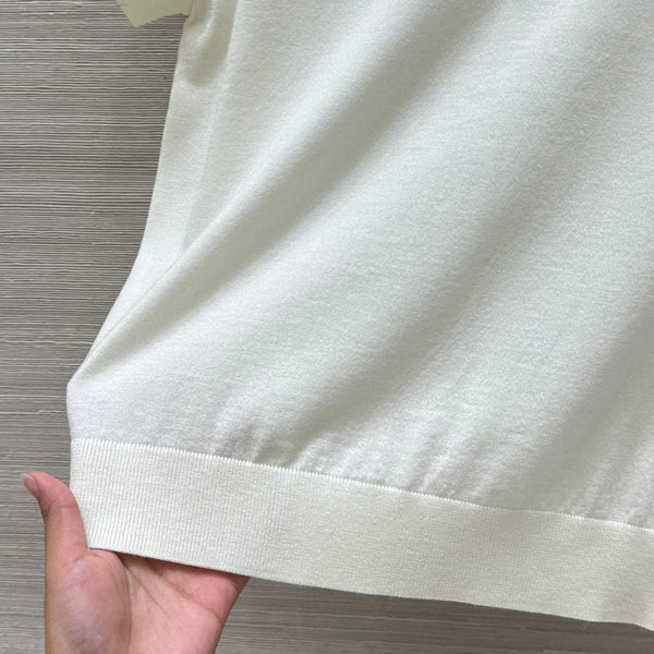 Miu Miu 25 Polo Collar Short-sleeve Knitted Top Beige Wool