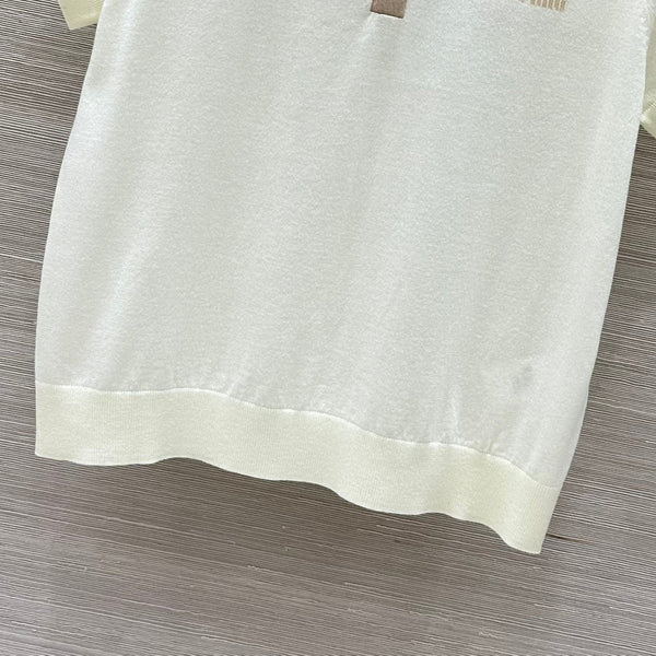 Miu Miu 25 Polo Collar Short-sleeve Knitted Top Beige Wool