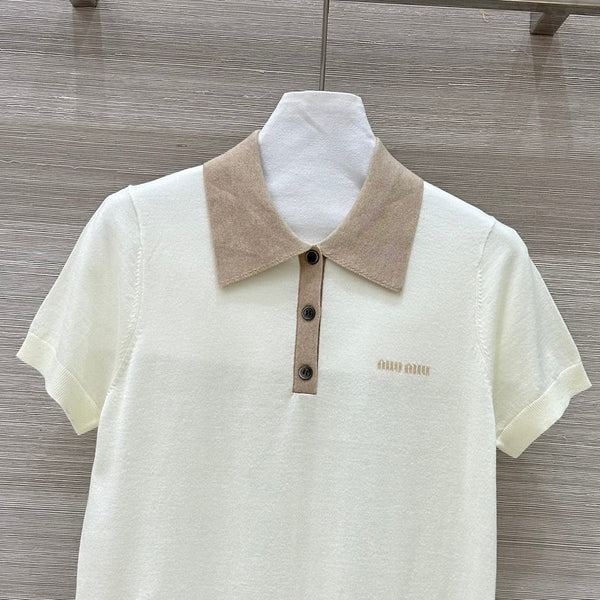 Miu Miu 25 Polo Collar Short-sleeve Knitted Top Beige Wool