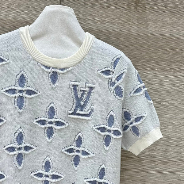 LV 25 Knitted Short-Sleeved Top Blue Wool