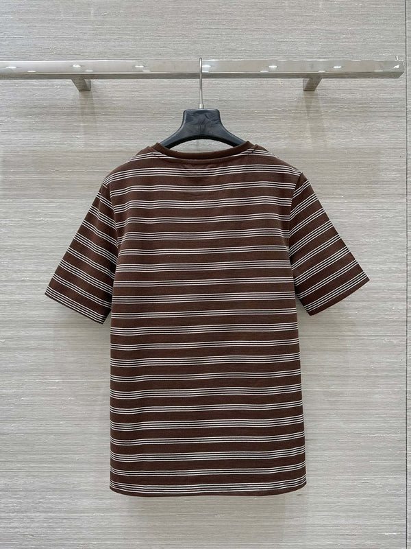 Miu Miu 25 Striped Round Neck Short-sleeved T-shirt Brown Cotton