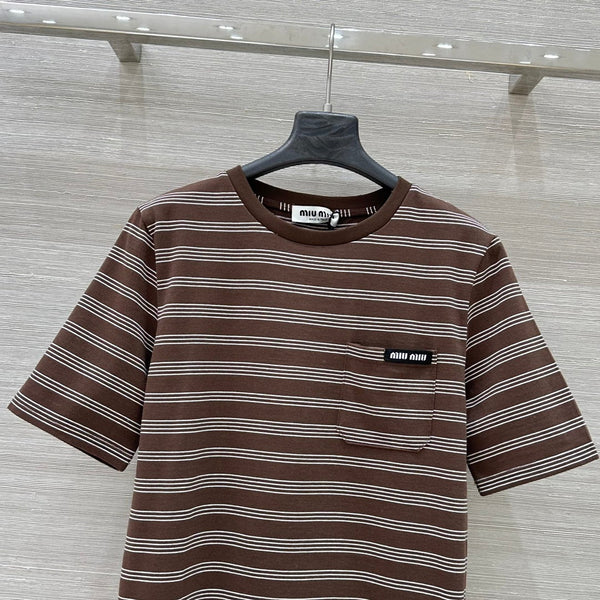 Miu Miu 25 Striped Round Neck Short-sleeved T-shirt Brown Cotton