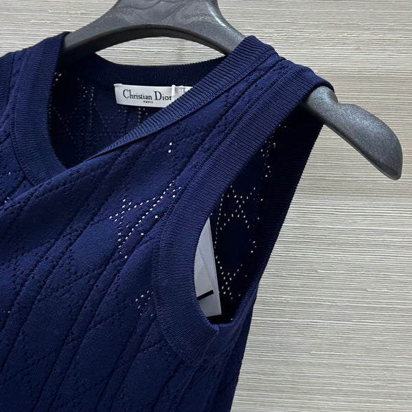 CD 25 Gilet lavorato a maglia cava in seta e lana blu