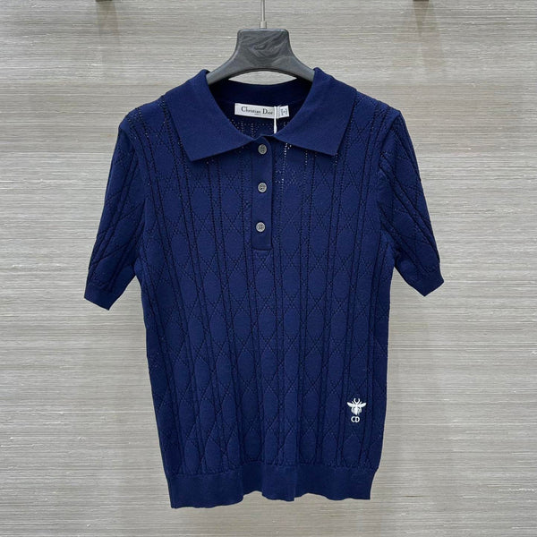 CD 25 Hollow Polo Knitted Short-sleeved Top Blue Silk Wool