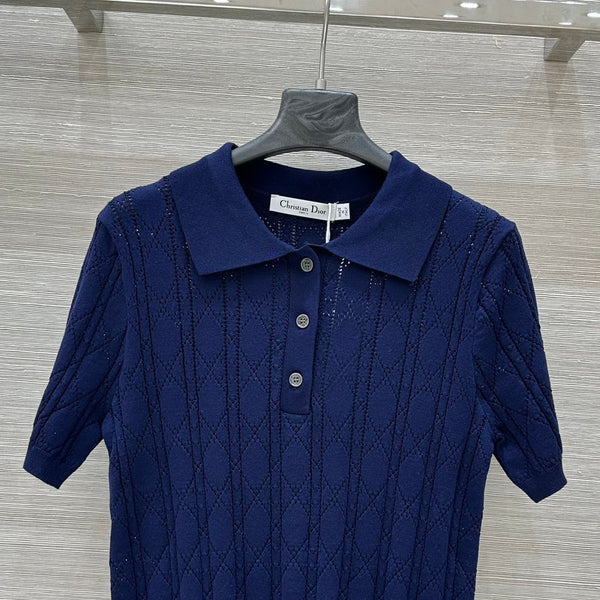 CD 25 Hollow Polo Knitted Short-sleeved Top Blue Silk Wool
