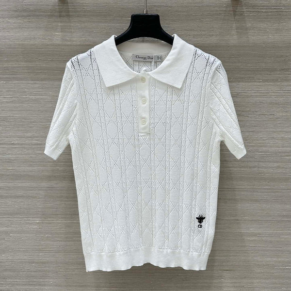 CD 25 Hollow Polo Knitted Short-sleeved Top White Silk Wool