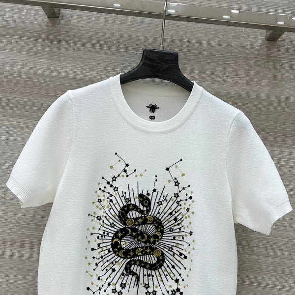 CD 25 Snake Embroidery Knitted Short-sleeved Top White Tencel Wool