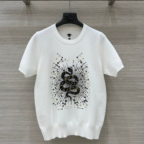 CD 25 Snake Embroidery Knitted Short-sleeved Top White Tencel Wool