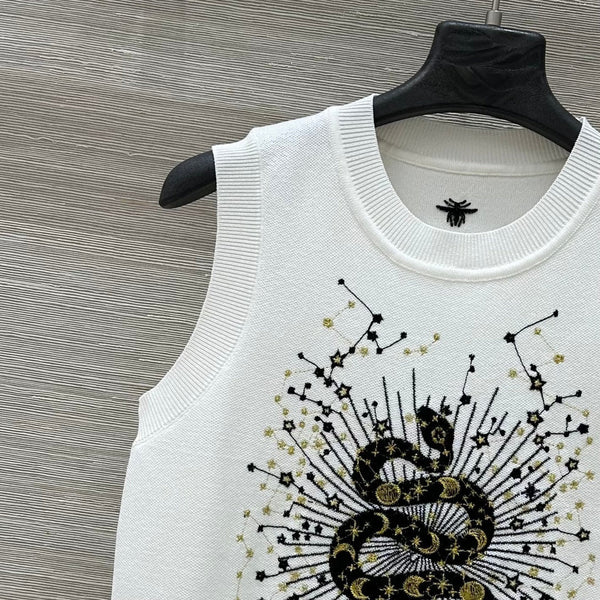 CD 25 Snake Embroidery Knitted Vest Top White Tencel Wool