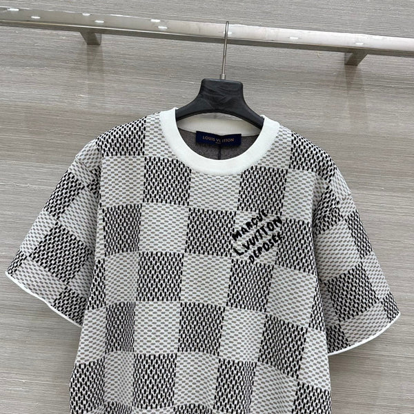 LV 25 Plaid T Shirt White Grey Cotton