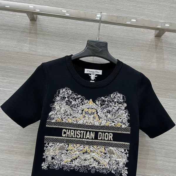 CD 25 Star Embroidery Knitted Short-sleeved Top Black Tencel Wool