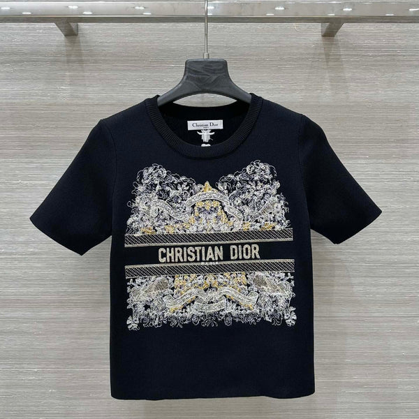 CD 25 Star Embroidery Knitted Short-sleeved Top Black Tencel Wool