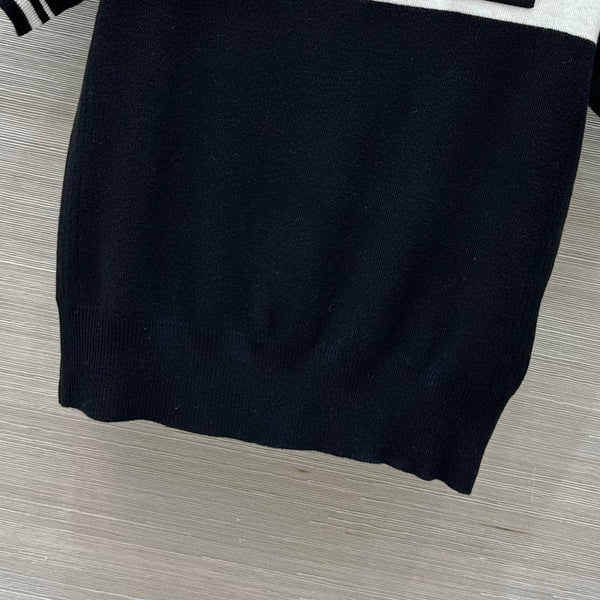 Miu Miu 25 Polo Collar Short-sleeved Top Black White Tencel