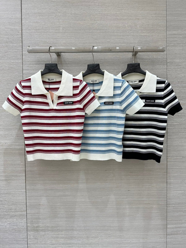 Miu Miu 25 Striped Polo Collar Short-sleeved Top Wool