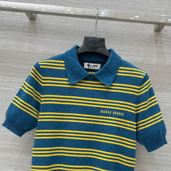 Miu Miu 25 Striped Polo Top Blue Yellow Wool
