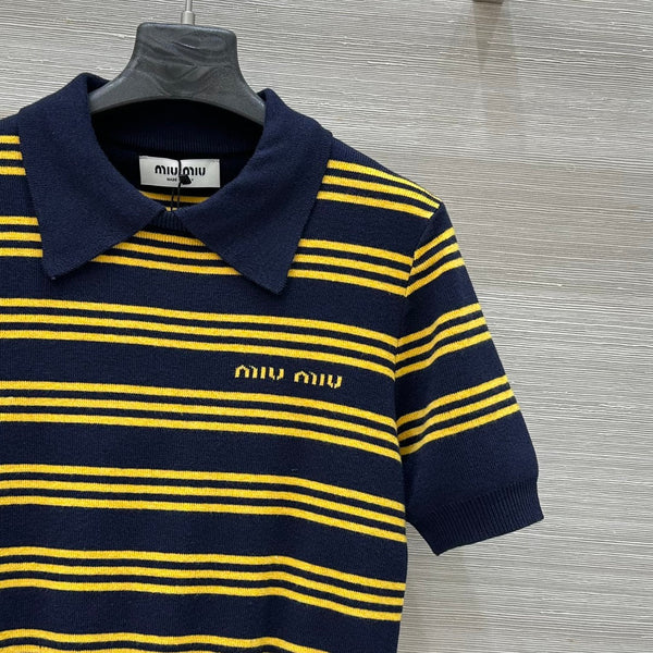 Miu Miu 25 Striped Polo Top Dark Blue Yellow Wool
