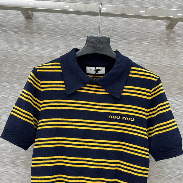 Miu Miu 25 Striped Polo Top Dark Blue Yellow Wool